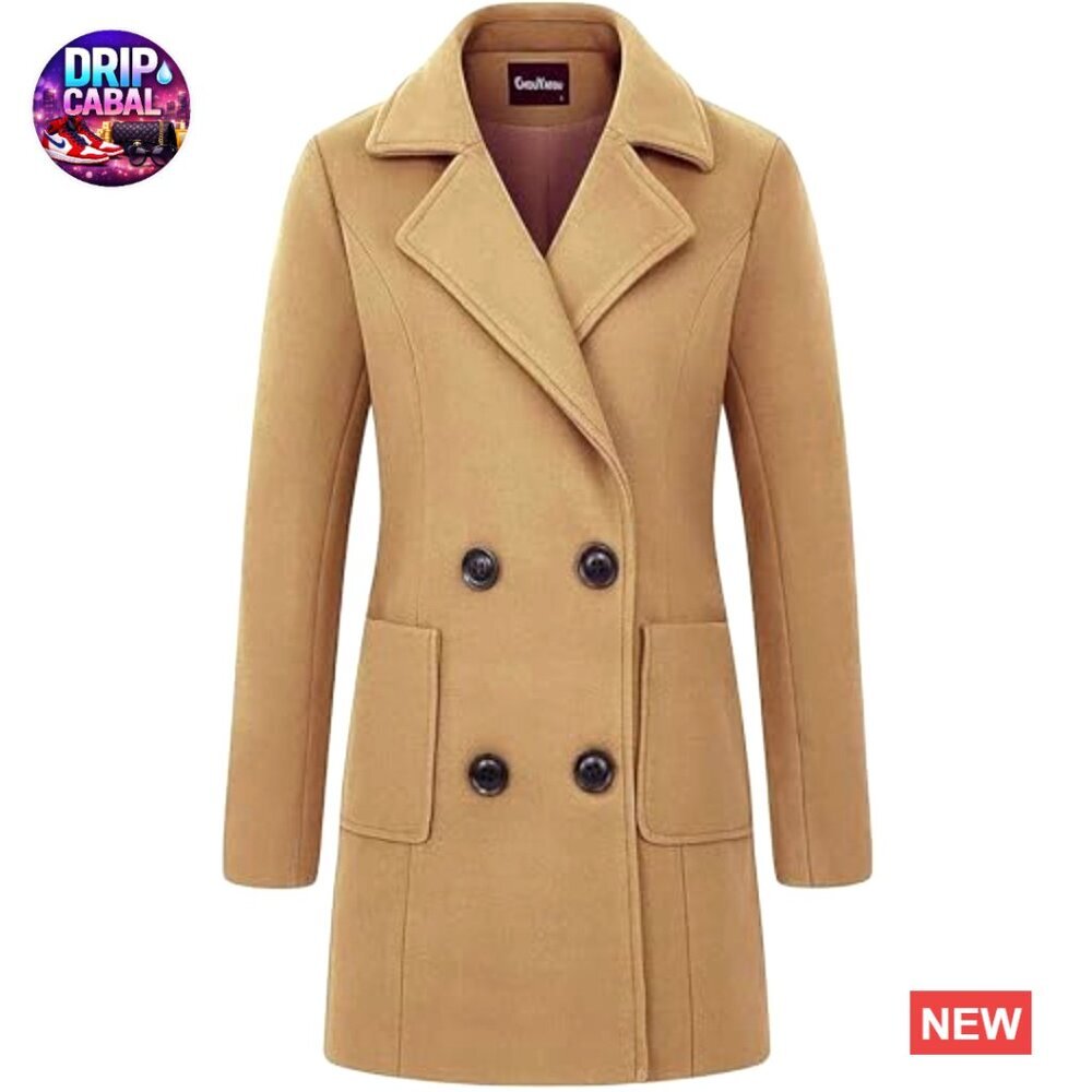 Wool Blend Pea Coat Double Breasted Notched Lapel Elegant Classic Winter - Picture 3 of 3